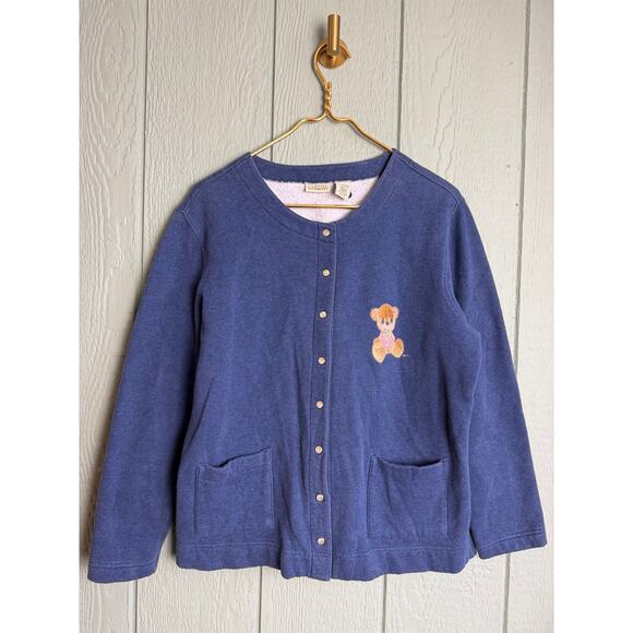 Vintage 90s Teddy Bear Fleece-Lined Cardigan Cozy 90s Snap Button Sweater LG - Picture 1 of 6